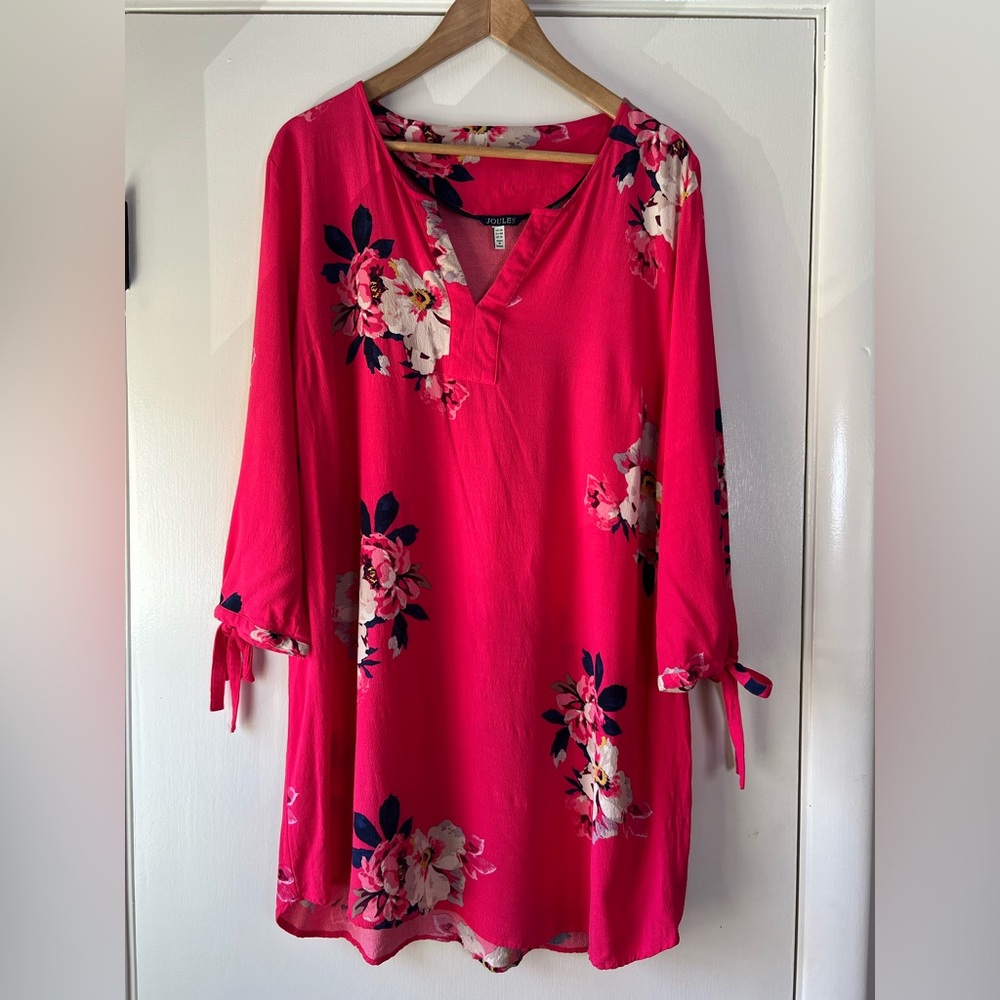 Joules Hot Pink Navy Blue Floral V-Neck Shift Dress Cottagecore Preppy Modern